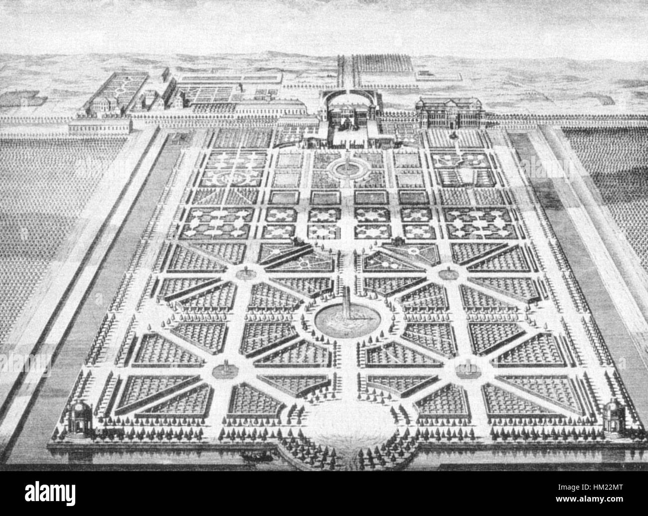Il piano Herrenhausen, risalente al 1747, raffigura la disposizione dei giardini Herrenhausen ad Hannover, Germania. Questa mappa storica mette in evidenza il design meticoloso del giardino e il suo ruolo di primo esempio di pianificazione barocca del giardino. Foto Stock
