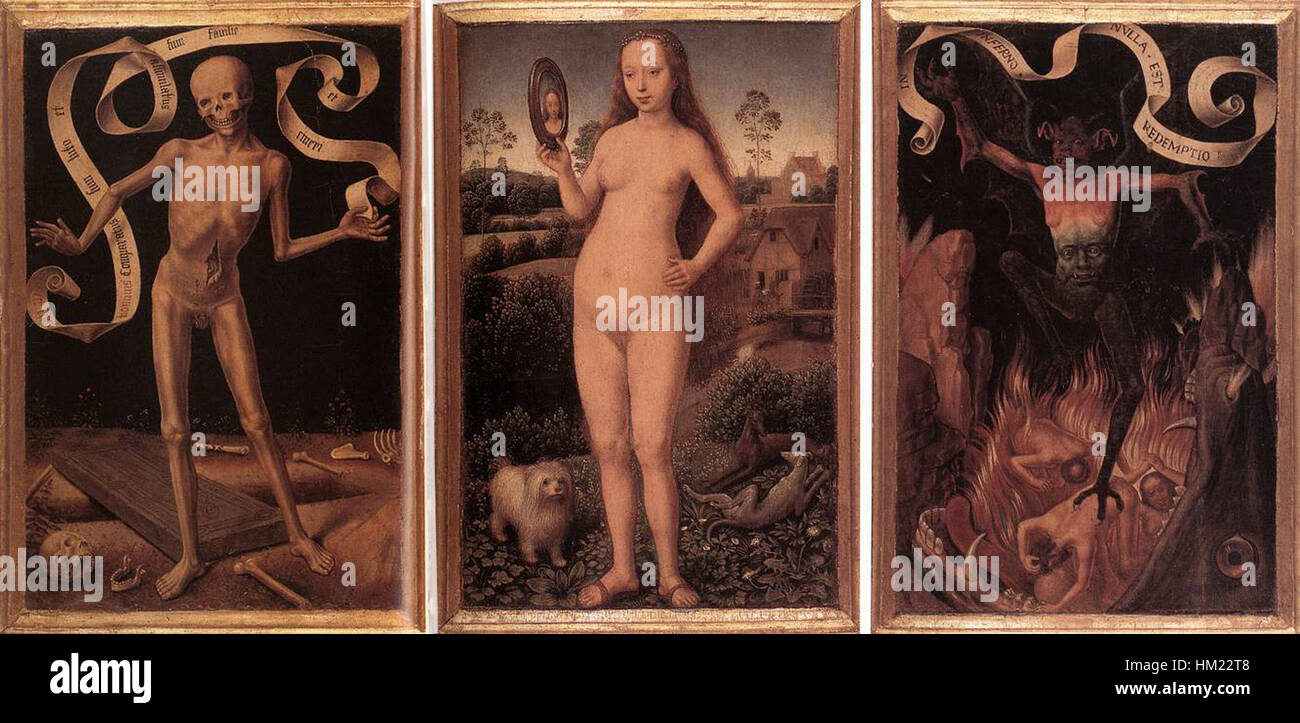 Il "Trittico della vanità terrestre e della salvezza Divina" di Hans Memling ritrae il contrasto tra i desideri mondani e la salvezza divina, racchiuso nel pannello frontale di questo trittico. L'opera riflette gli insegnamenti morali del tardo Medioevo. Foto Stock