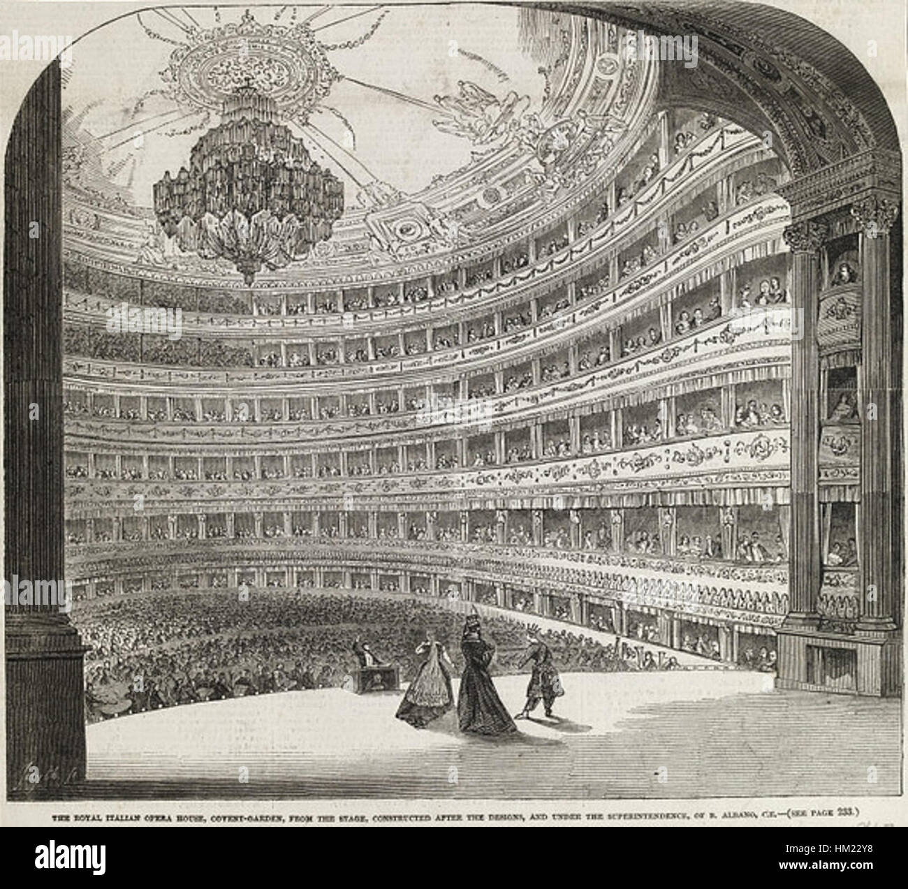 Questo dipinto mostra l'interno dell'Italian Opera House a Covent Garden, Londra, circa 1847. Cattura la grandezza e la bellezza architettonica del teatro dell'opera, con arredi elaborati e un pubblico che si gode lo spettacolo. Foto Stock