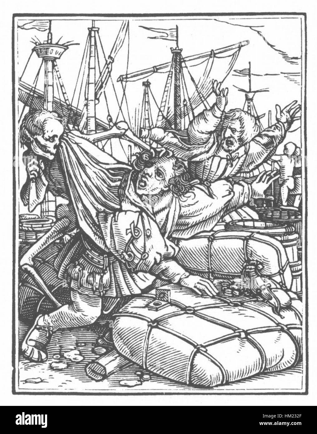 La serie "Danse Macabre" (Danza della morte) di Holbein è un'esplorazione significativa della morte e della mortalità nell'arte medievale. Questo pezzo fa parte di una più ampia collezione che raffigura visivamente varie allegorie della morte, con immagini dettagliate e rappresentazione simbolica della natura fugace della vita. Foto Stock