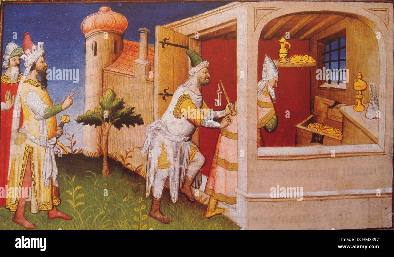 Questo dipinto raffigura l'evento storico dell'invasione di Baghdad da parte di Hulagu Khan nel XIII secolo. La scena cattura la violenza e i tumulti della conquista mongola, illustrando la caduta di una delle grandi città islamiche. Foto Stock