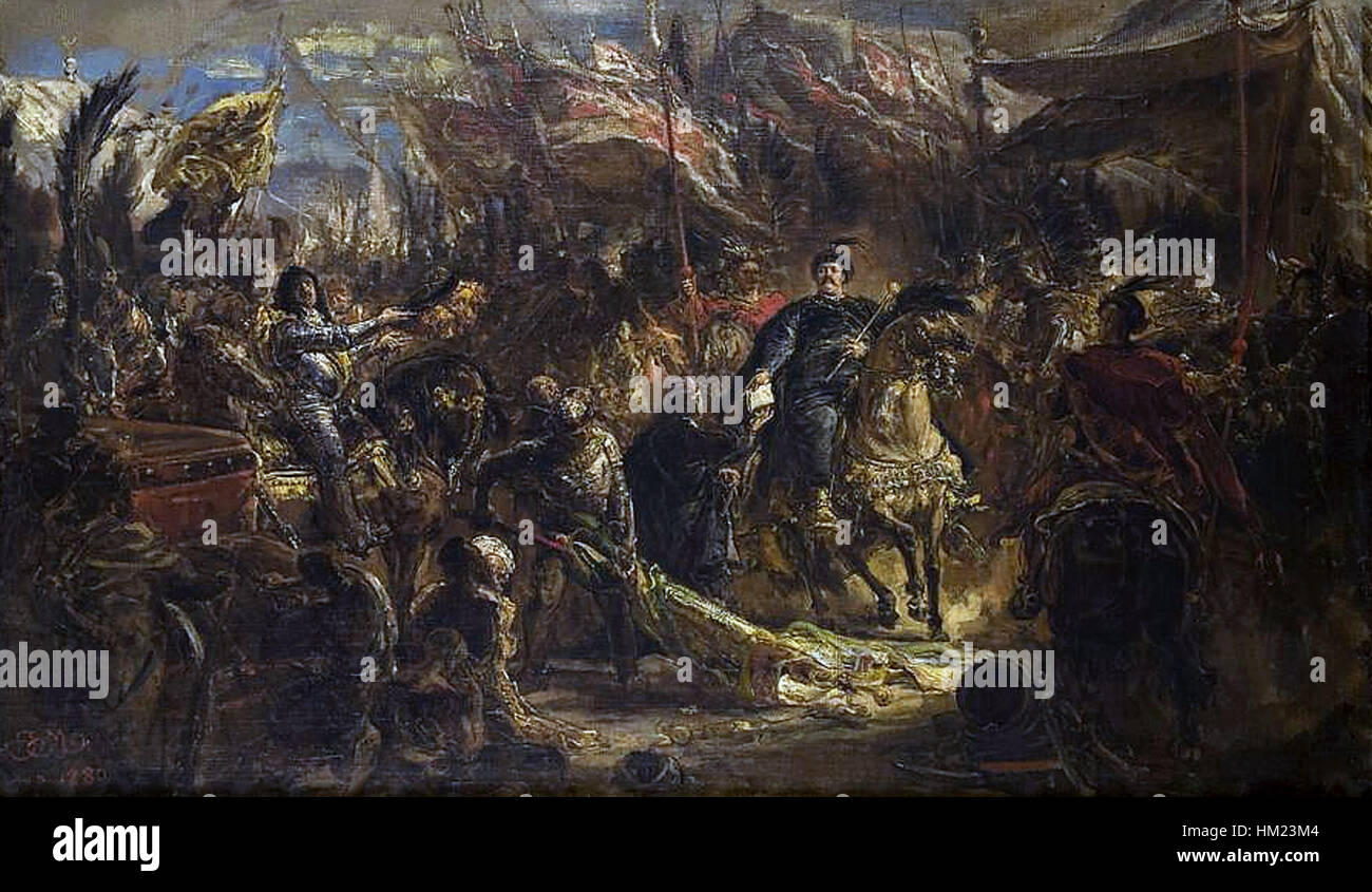 Questo dipinto storico raffigura il re Giovanni III Sobieski di Polonia che consegna la notizia della sua vittoria al Papa dopo la Battaglia di Vienna, un evento importante nella storia europea. Foto Stock