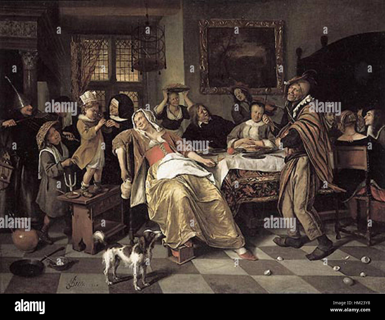 Questo dipinto di Jan Steen, intitolato "Het Driekoningenfeest" (la festa dei tre Re), ritrae la scena biblica dei tre Re che celebra la nascita di Cristo, mostrando la maestria di Steen nella pittura di genere olandese. Foto Stock