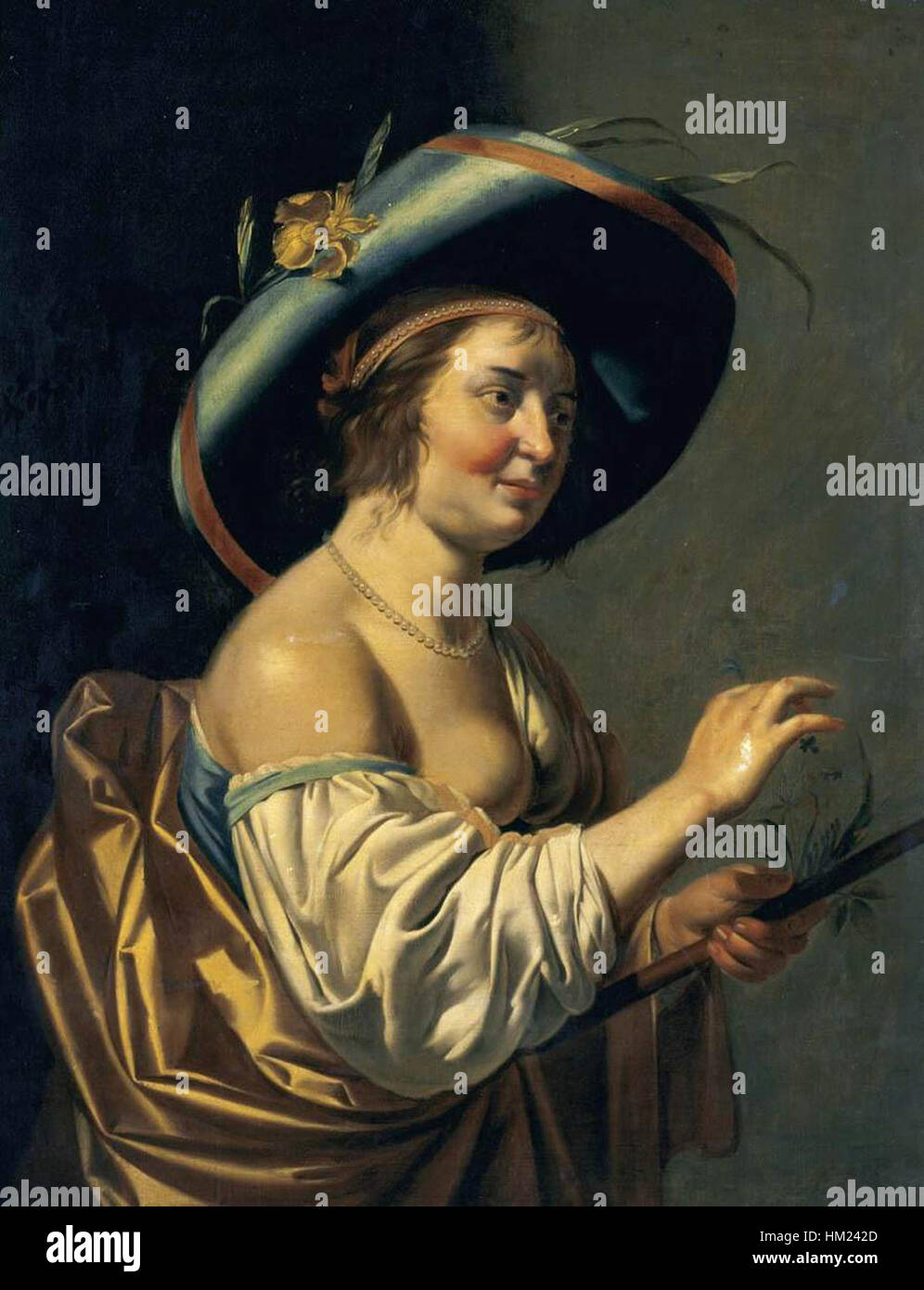 Il dipinto di Jan van Bijlert "A Shepherdess" ritrae una scena rurale con una giovane pastorella, esemplificando l'attenzione dell'artista per i dettagli e la sua capacità di trasmettere la vita pastorale nel XVII secolo. Foto Stock