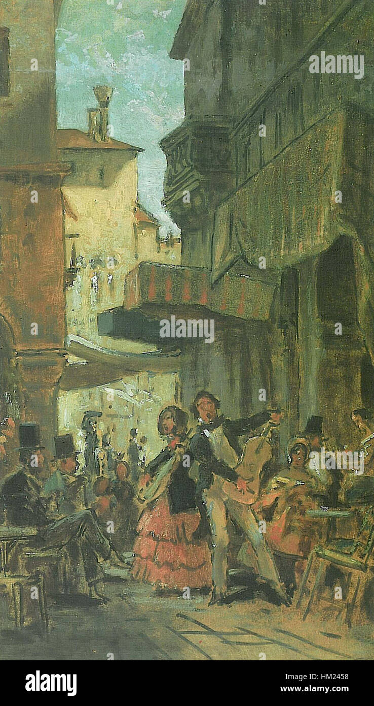 Il dipinto *Italienische Strassensänger* di Carl Spitzweg raffigura un paio di cantanti di strada in Italia. Il lavoro riflette il fascino di Spitzweg per la vita quotidiana, mostrando due musicisti che si esibiscono in una strada vivace, evocando fascino e semplicità della vita italiana nel XIX secolo. Foto Stock