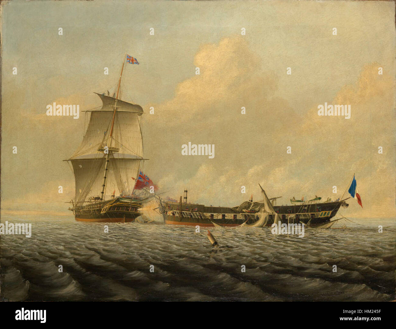 Questo dipinto di John Thomas Baines cattura lo scontro navale tra la britannica HMS Blanche e la francese "Pique" il 5 gennaio 1795, evidenziando l'intensità della guerra navale durante la fine del XVIII secolo. Foto Stock