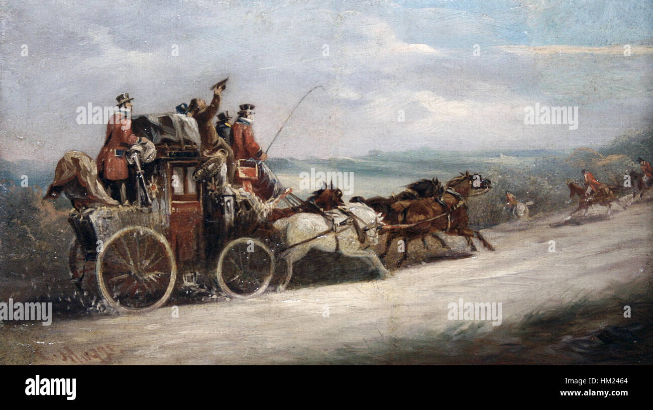 Questo dipinto di John Charles Maggs raffigura un pullman e quattro (una carrozza trainata da quattro cavalli) che passano per una caccia. L'opera d'arte cattura una scena storica della società britannica del XIX secolo, sottolineando il passatempo aristocratico della caccia alla volpe. Foto Stock