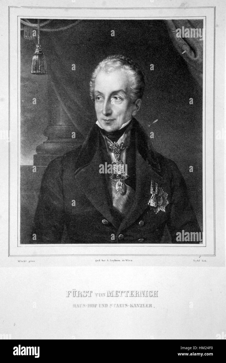 Questa litografia raffigura Klemens Lothar Wenzel Metternich, lo statista austriaco, noto per il suo ruolo nella diplomazia e nella politica europea. L'opera riflette la sua statura e influenza durante il XIX secolo. Foto Stock