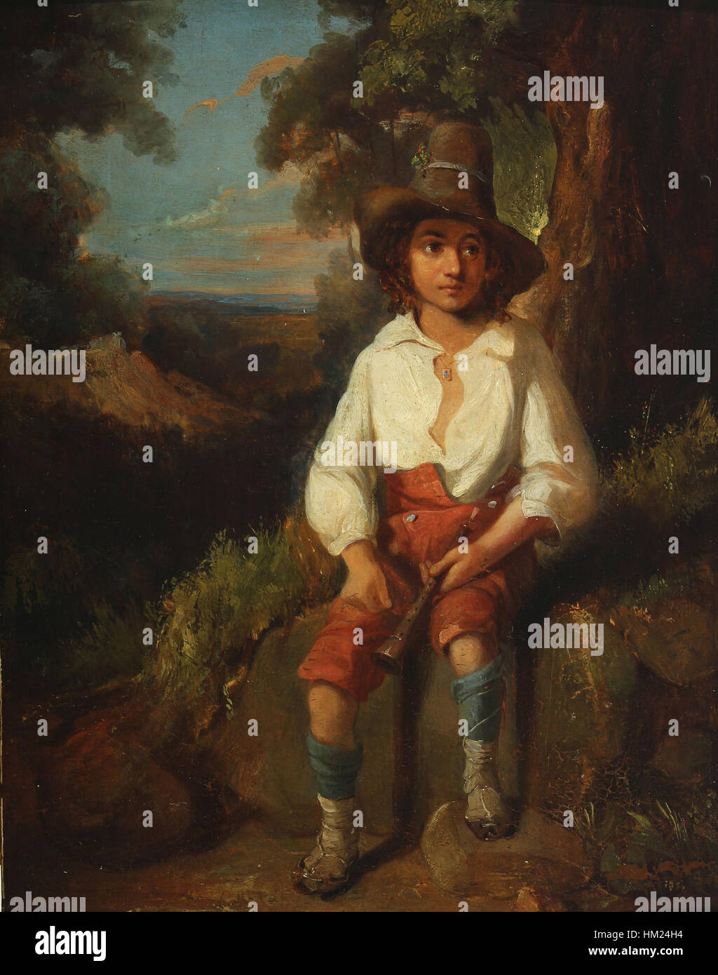 Questo dipinto ad olio di un pastore italiano, dipinto da un ignoto artista britannico, cattura l'essenza della vita rurale in Italia durante il XIX secolo. L'opera riflette temi pastorali comuni nel periodo dell'arte romantica. Foto Stock