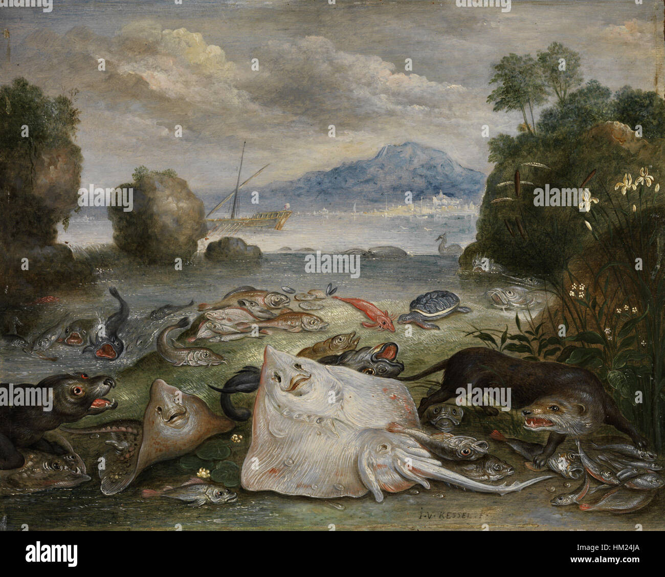 Jan van Kessel de Oude - Mariene dieren, vissen en lontre op het strand Foto Stock