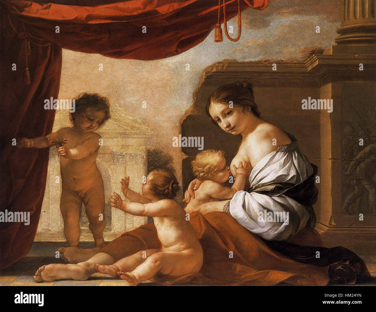 Un dipinto di Jacques Blanchard intitolato "Allegoria della Carità", che raffigura la personificazione della carità attraverso immagini classiche, riflettendo l'abilità dell'artista nell'arte allegorica. Foto Stock