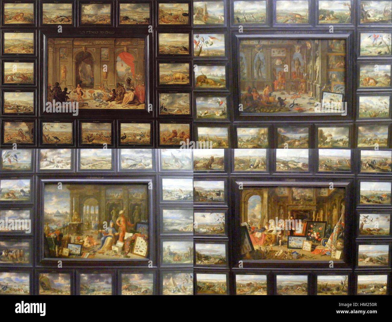 "Die vier Erdteile komplett" di Jan van Kessel il Vecchio, creato nel XVII secolo, ritrae i quattro continenti del mondo come si è capito durante l'epoca. Il dipinto offre una rappresentazione allegorica dettagliata del mondo conosciuto all'epoca. Foto Stock