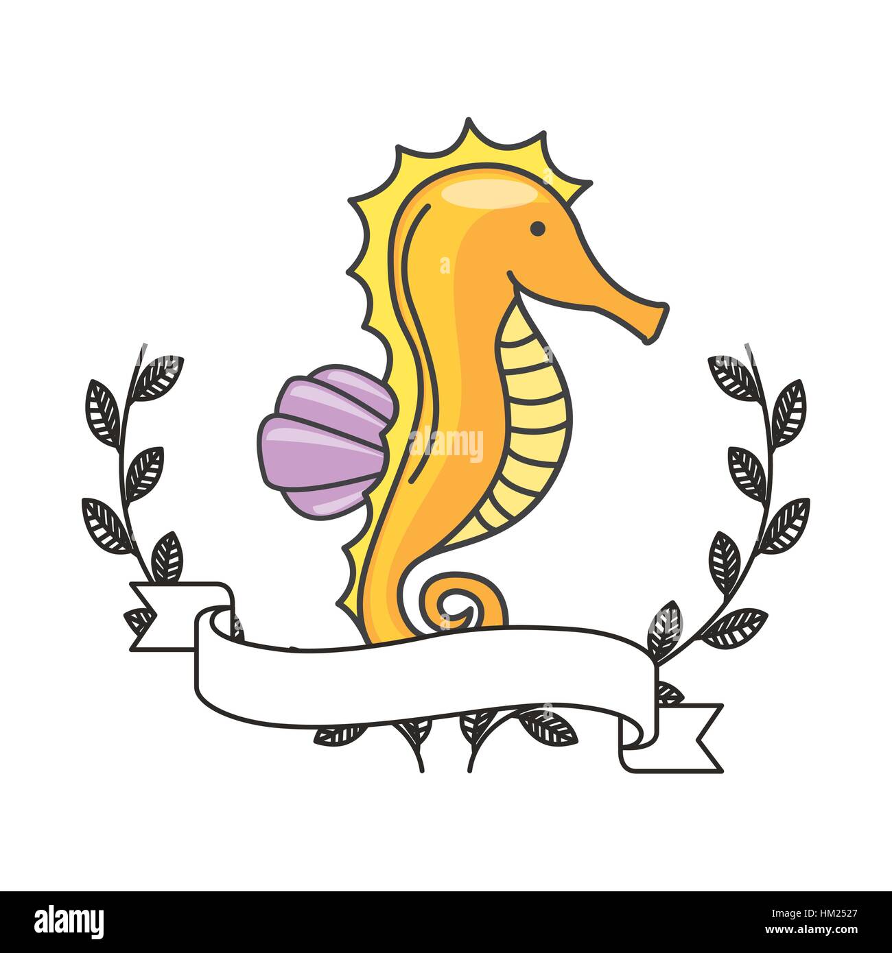 Sea Horse icona con la ghirlanda decorativa di foglie e il nastro su sfondo bianco. design colorato. illustrazione vettoriale Illustrazione Vettoriale