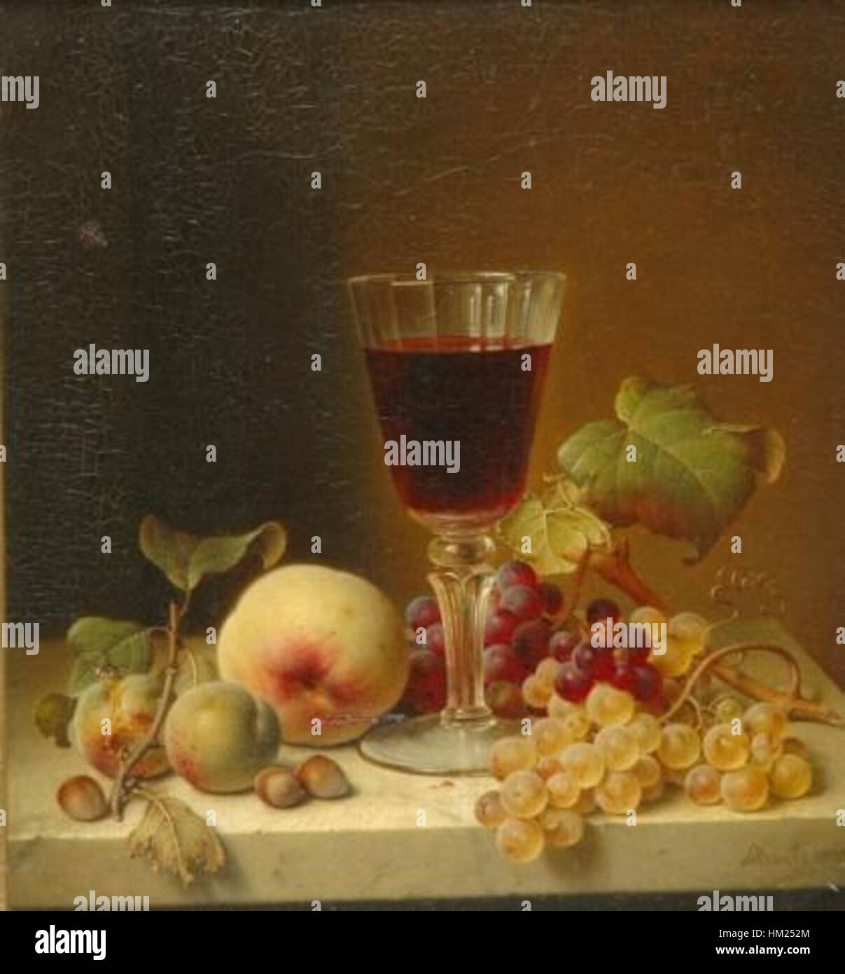 Il dipinto di Johann Wilhelm Preyer presenta uve, ostriche, limoni, mandorle e un bicchiere di champagne posto elegantemente su un manipolo. Questo pezzo esemplifica il suo talento nel creare nature morte realistiche e d'atmosfera, mostrando texture e dettagli in una composizione armoniosa. Foto Stock