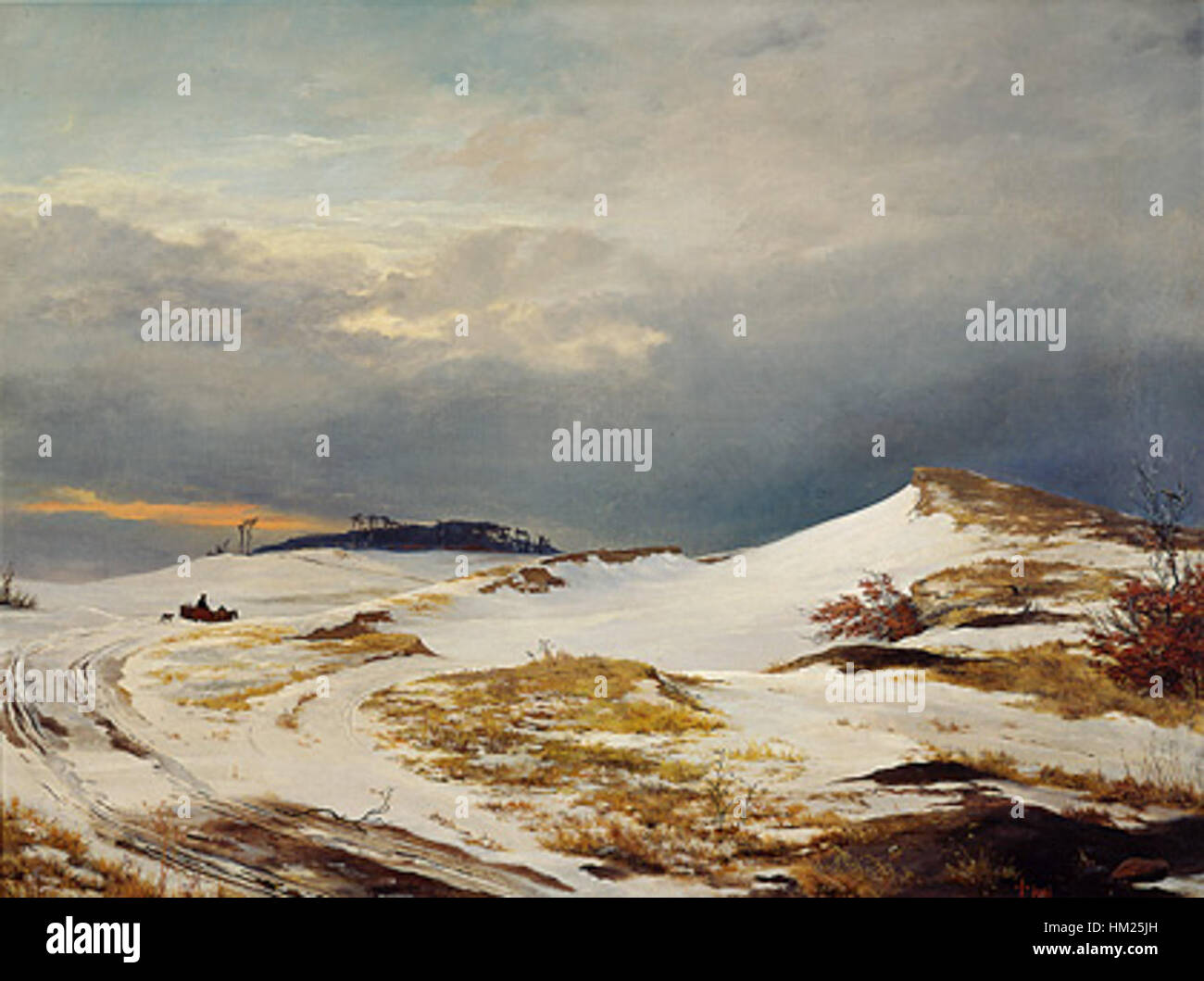 Questo dipinto di Johan Thomas Lundbye raffigura un paesaggio invernale nella Zelanda settentrionale. Il lavoro cattura la bellezza naturale e l'atmosfera serena della regione durante l'inverno, mostrando lo stile distintivo di Lundbye nel ritrarre l'ambiente. Foto Stock