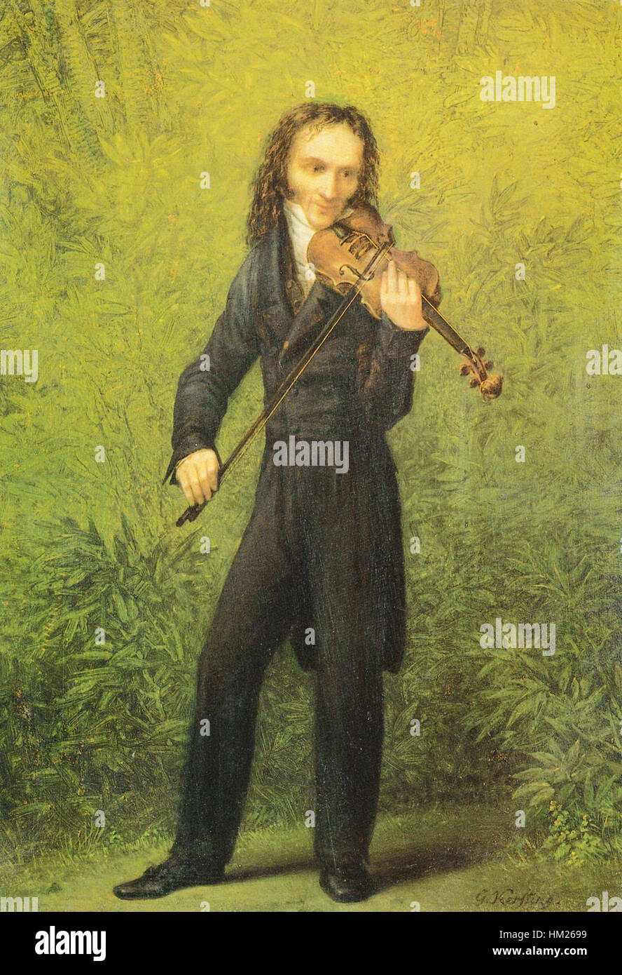 Un ritratto del violinista virtuoso Niccolò Paganini di Georg Friedrich Kersting, che cattura il leggendario musicista noto per la sua straordinaria tecnica e influenza sulla performance del violino. Foto Stock