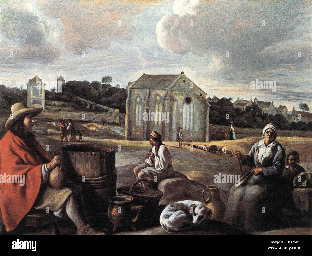 Il "paesaggio con contadini e una cappella" dei Fratelli le Nain ritrae una scena rurale con contadini e una piccola cappella. Il dipinto esemplifica il loro uso caratteristico di luce e ombra per creare profondità e un senso di realismo nell'arte francese del XVII secolo. Foto Stock