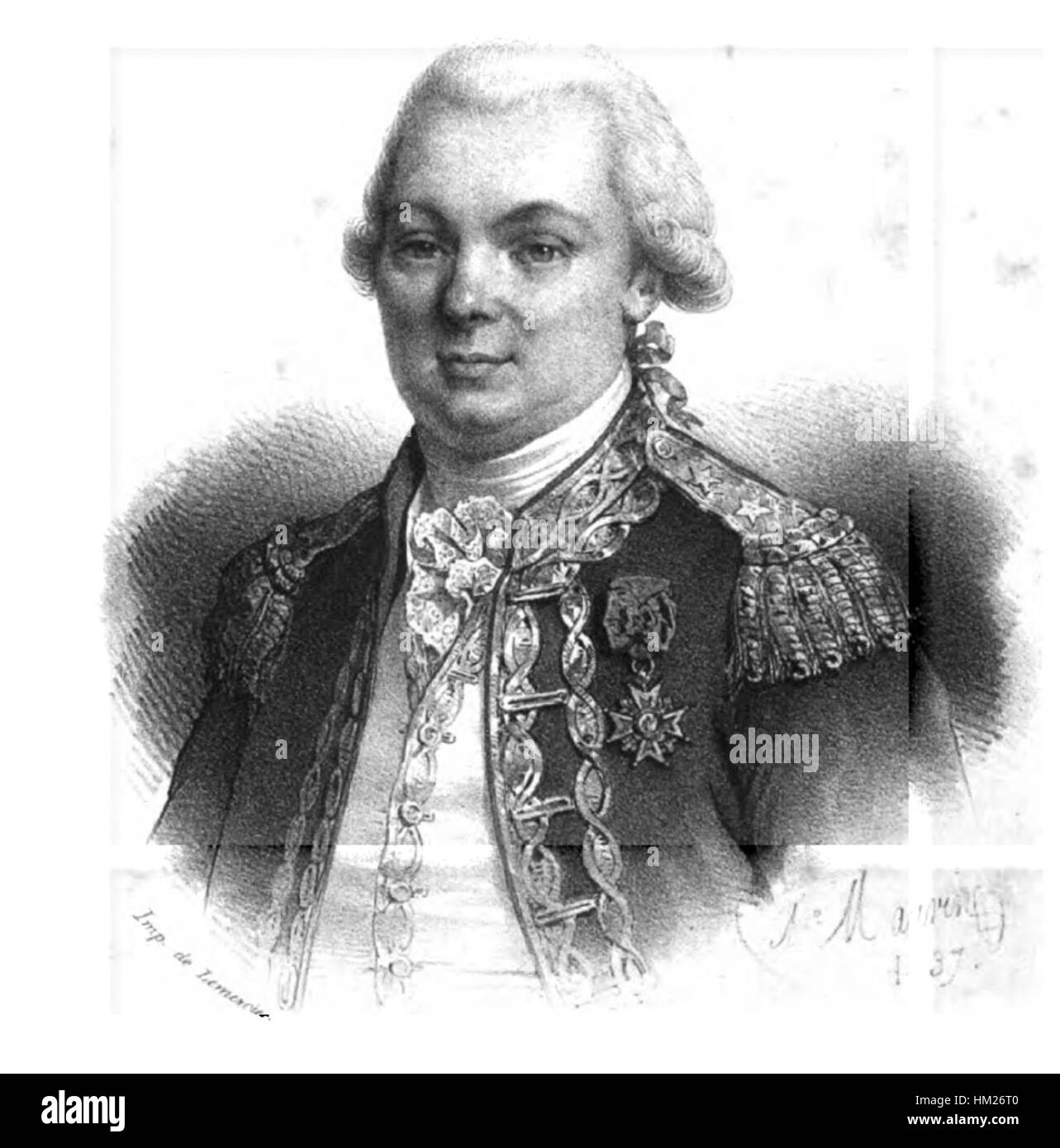 Questa opera d'arte di Antoine Maurin, intitolata "Laperouse", presenta l'esploratore francese Jean-Francois de Galaup, conte di la Pérouse. Il pezzo commemora i suoi viaggi ed esplorazioni nel Pacifico alla fine del XVIII secolo. Foto Stock