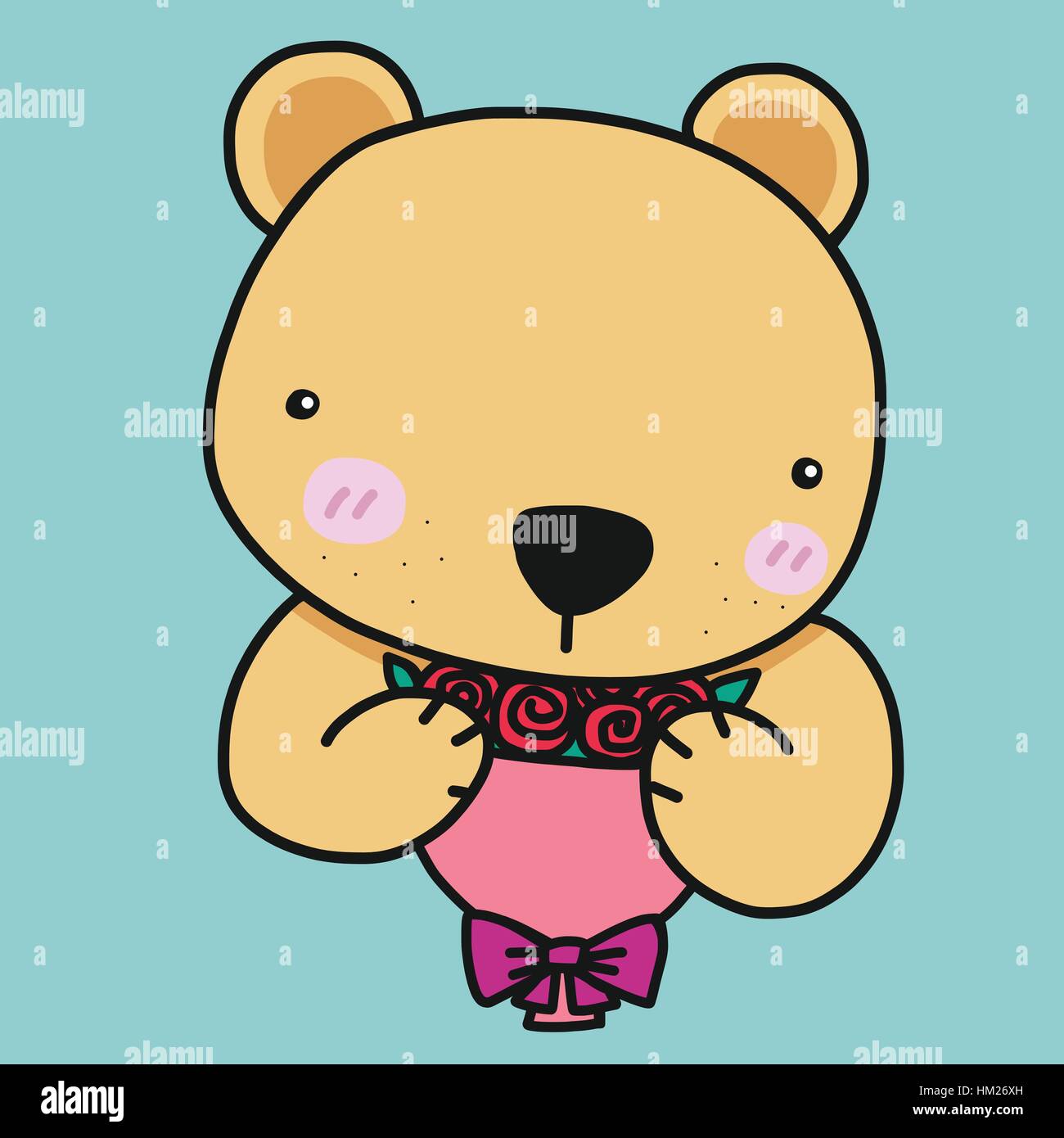 Simpatico orso con bouquet di rose cartoon illustrazione vettoriale su sfondo blu Illustrazione Vettoriale