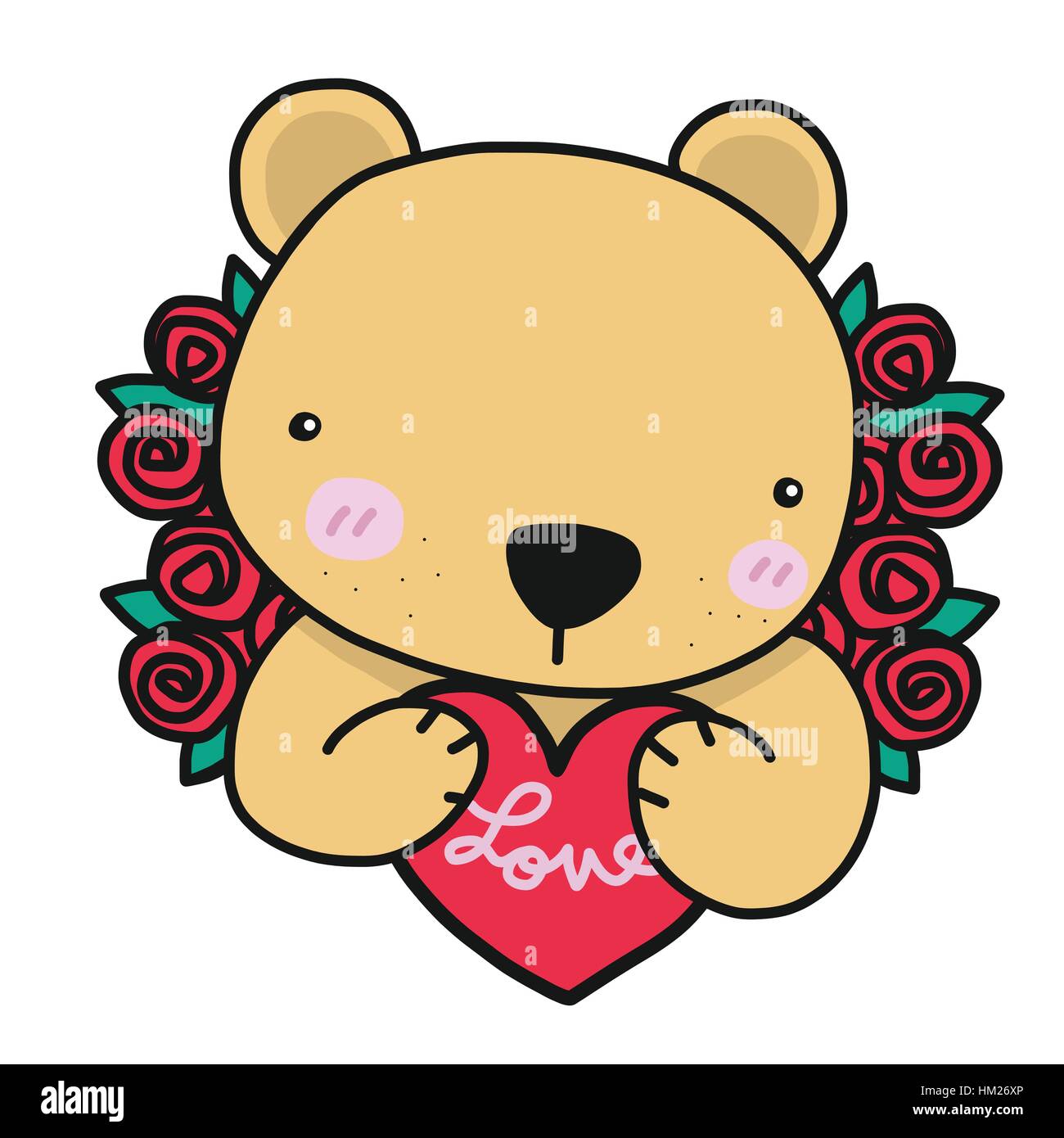 Simpatico orso con amore cuore rosso e le rose cartoon illustrazione vettoriale su sfondo bianco Illustrazione Vettoriale