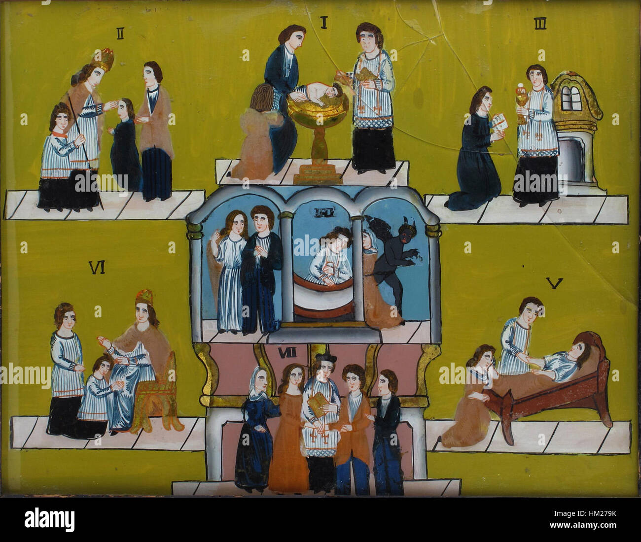 Hinterglasbild Sieben Sakramente è un'opera d'arte tradizionale in vetro dipinto raffigurante i sette Sacramenti della fede cristiana. L'opera fa parte di una più ampia collezione di arte religiosa ed è un esempio chiave dell'artigianato dell'Europa centrale del XIX secolo. Foto Stock