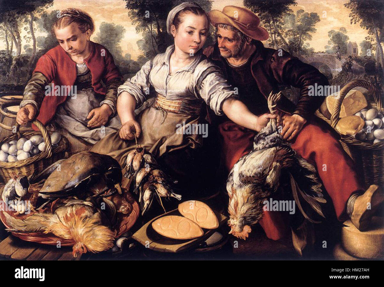 *Market Scene* di Joachim Beuckelaer è un dipinto fiammingo del XVI secolo che raffigura un mercato vivace con venditori che vendono prodotti, illustrando la vita sociale ed economica dell'epoca. Foto Stock