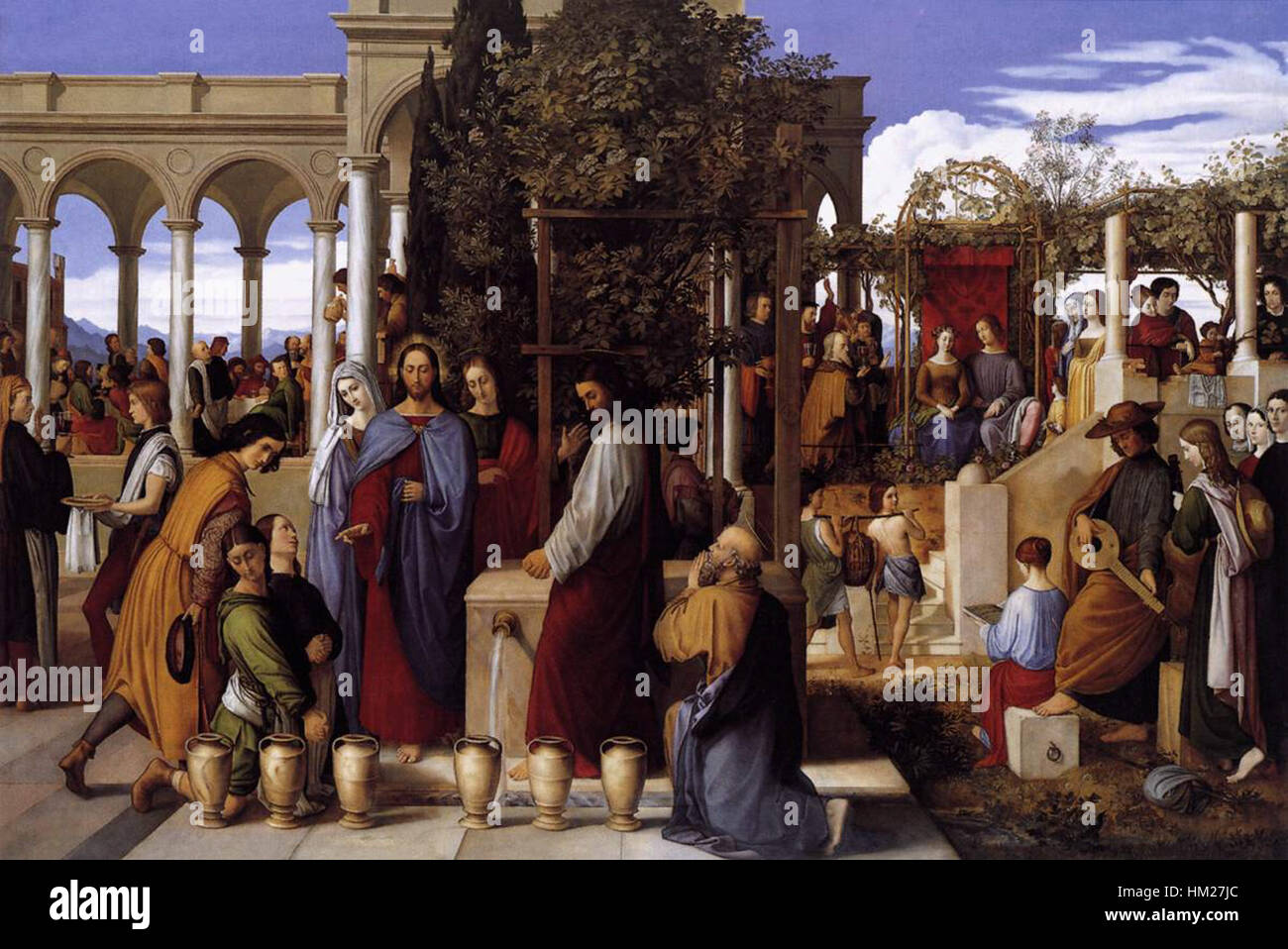 Questo dipinto ad olio, "la festa delle nozze a Cana" di Julius Schnorr von Carolsfeld, raffigura la scena biblica di Gesù che compie il suo primo miracolo trasformando l'acqua in vino. L'opera riflette la maestria dell'artista nel catturare temi religiosi e la grandiosità degli eventi storici. Foto Stock