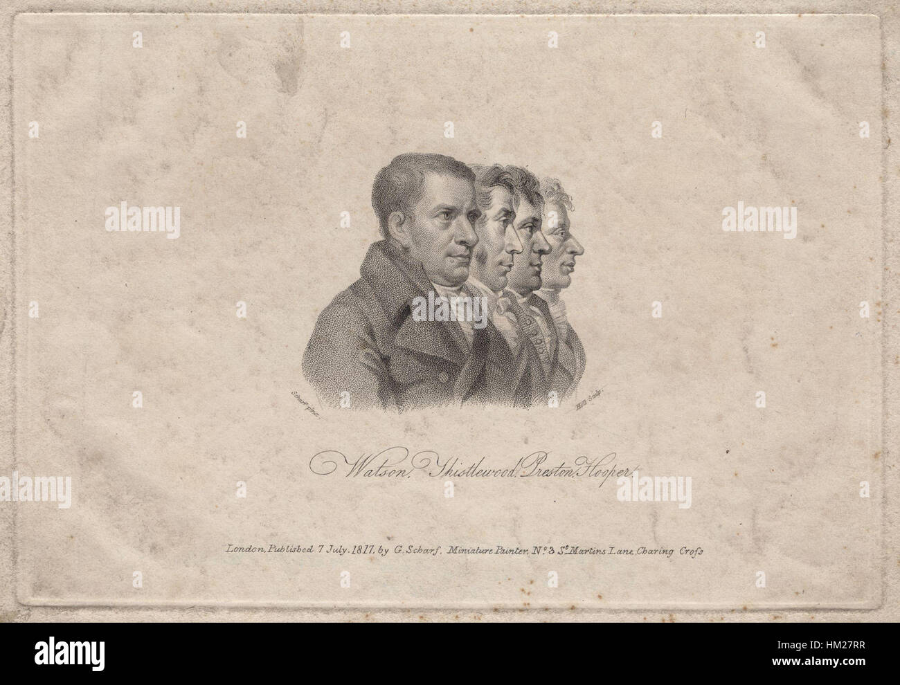 Questa incisione di William Holl Sr. Presenta i ritratti di James Watson, Arthur Thistlewood, Thomas Preston e John Hooper, figure di rilievo nella storia britannica, catturati all'inizio del XIX secolo durante un periodo di disordini politici. Foto Stock