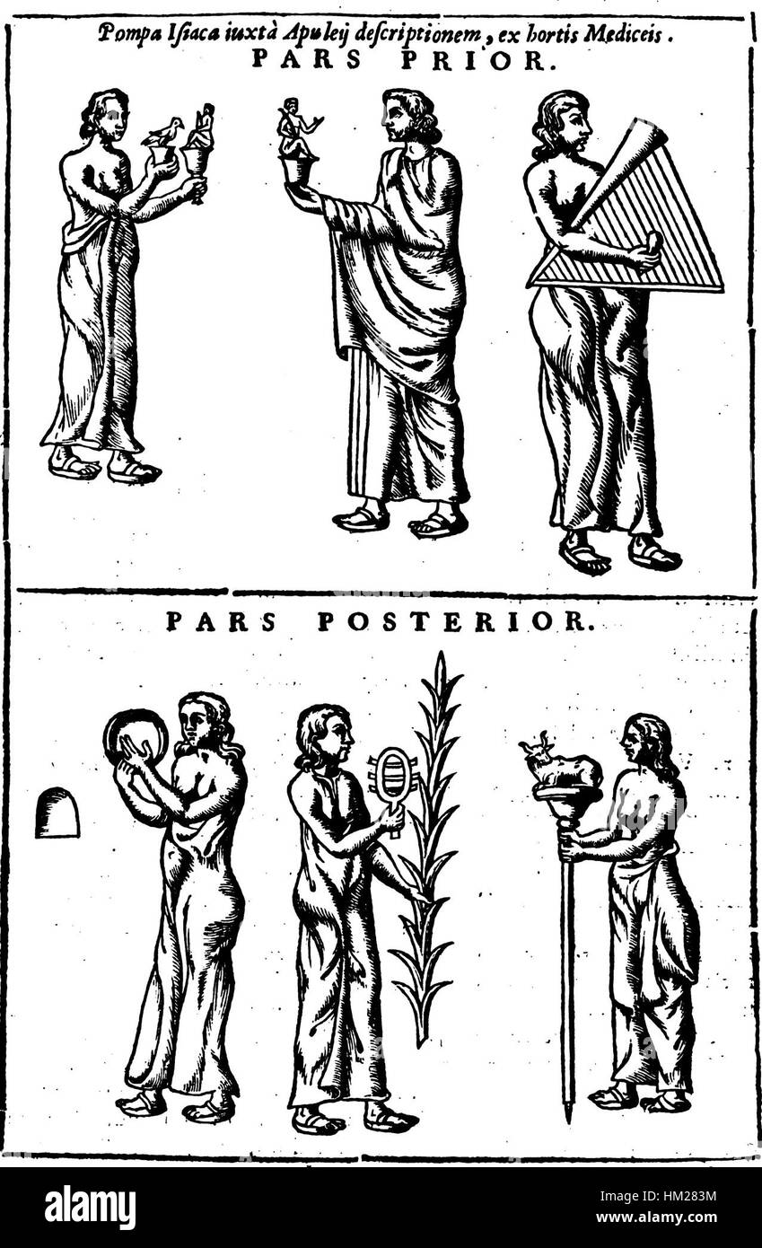 Una rappresentazione dell'Edipus Aegyptiacus di Athanasius Kircher, incentrata sui sacerdoti di Iside nell'antica religione egizia. L'opera illustra le pratiche spirituali e rituali che circondano il culto di Iside, come interpretato da Kircher nel XVII secolo. Foto Stock