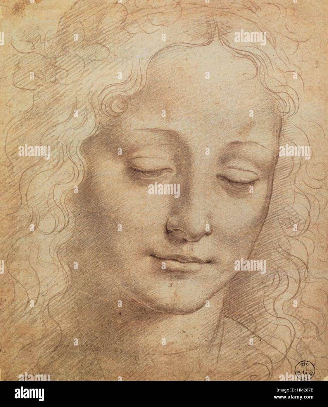 *Female Head* di Leonardo da Vinci è un famoso disegno che mette in mostra la sua eccezionale abilità nel catturare forma ed espressione umana. Lo schizzo presenta uno studio della figura femminile, dimostrando la profonda attenzione di da Vinci all'anatomia e ai dettagli. Questo lavoro è un esempio della sua esplorazione artistica nelle qualità emotive e intellettuali dei suoi soggetti. Foto Stock