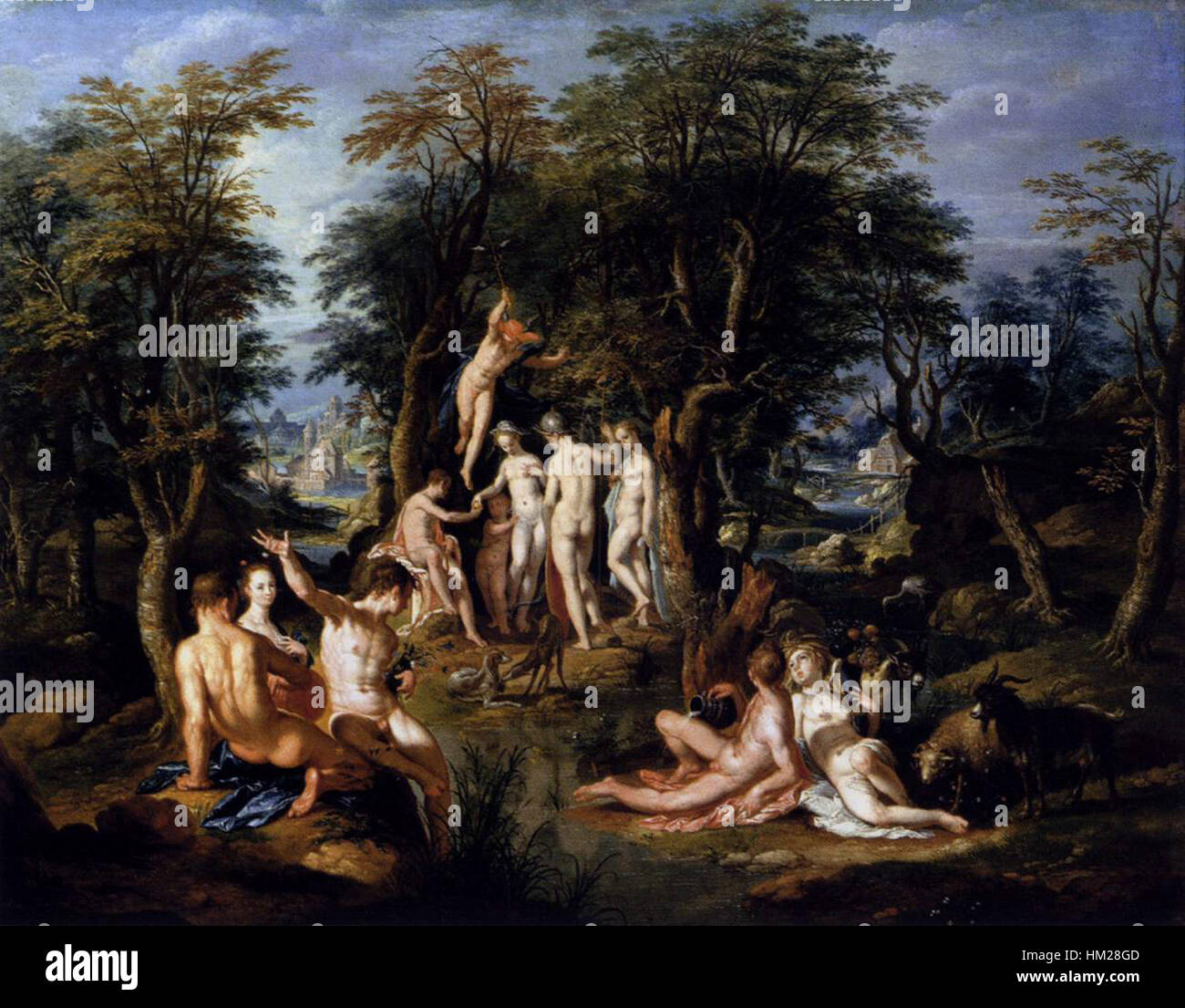 "Il giudizio di Parigi" di Joachim Wtewael illustra la storia mitologica in cui Parigi deve scegliere la dea più bella. Questo dinamico dipinto ad olio mostra la bellezza delle tre dee, con dettagli vivaci e una composizione drammatica. Foto Stock