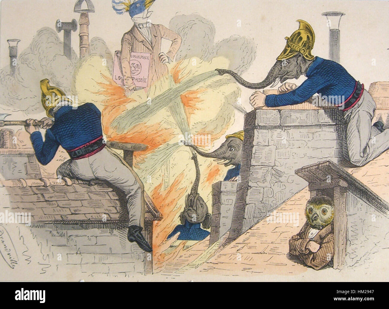 Un'illustrazione di Grandville, con animali come vigili del fuoco. Questo lavoro umoristico e satirico combina immagini animali stravaganti con un commento sociale, riflettendo l'interesse del XIX secolo nell'uso dell'antropomorfismo per la critica e l'umorismo. Foto Stock
