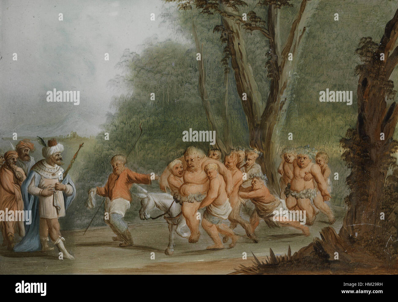 Questo dipinto, "Baccanino Hinterglasbild", raffigura Bacco, il dio del vino, della rivelazione e della fertilità, circondato dai suoi seguaci. L'opera è un notevole esempio di pittura vetraria europea, caratterizzata da colori vivaci e temi classici. Foto Stock