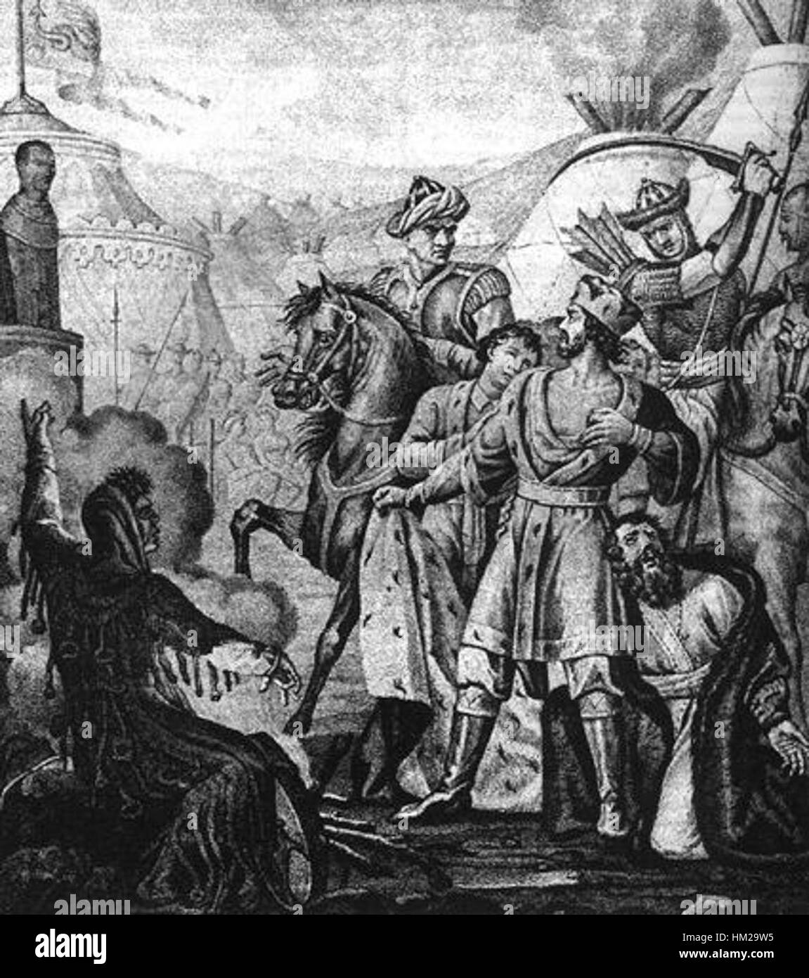 Questa opera d'arte storica raffigura la tragica morte del granduca Mikhail Yaroslavich per mano dell'Orda d'Oro. Il dipinto cattura un momento significativo nella storia russa, riflettendo i tumulti del periodo e le lotte politiche tra i principati russi e l'impero mongolo. Foto Stock