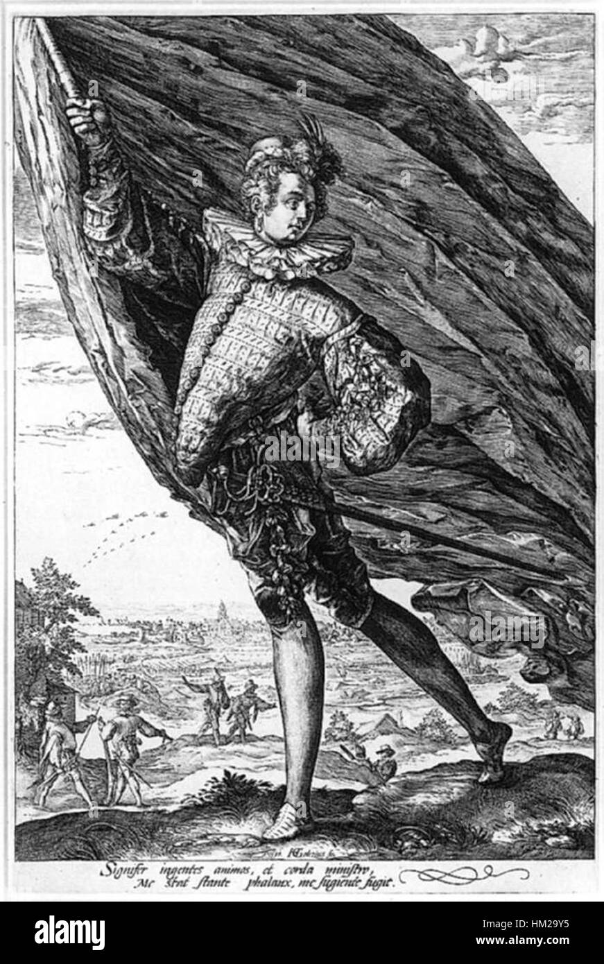 Un'opera di Hendrick Goltzius, con un ritratto dettagliato di un portabandiera, che mostra l'abilità tecnica dell'artista nell'incisione e nel disegno di figure durante il Rinascimento olandese. Foto Stock