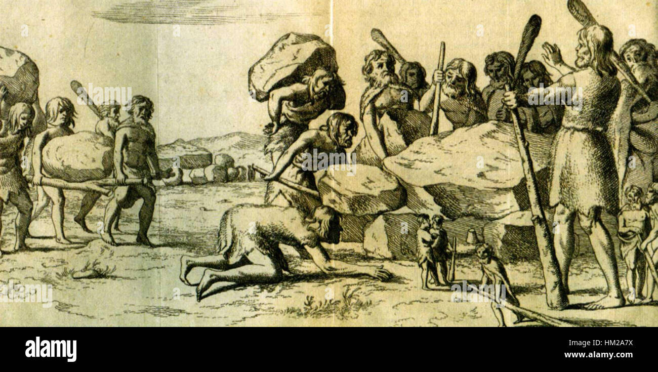 Questa incisione del 1660 di Picardt, intitolata "Hunebedbouwers-Annales Drenthia", illustra le tombe megalitiche preistoriche che si trovano nella regione olandese di Drenthe. L'opera d'arte fornisce preziose informazioni sulle prime pratiche di sepoltura europee e sulle antiche costruzioni in pietra. Foto Stock