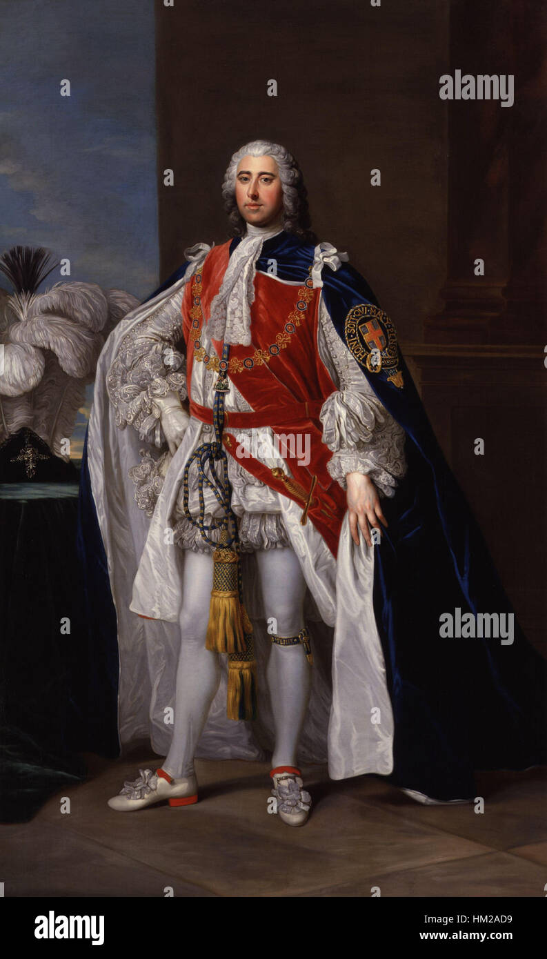 Questo ritratto di William Hoare raffigura Henry Fiennes Pelham-Clinton, II duca di Newcastle-under-Lyne. Noto per la sua influenza politica e ricchezza, il duca è raffigurato in abiti eleganti che si adattano al suo status aristocratico durante il XVIII secolo. Foto Stock