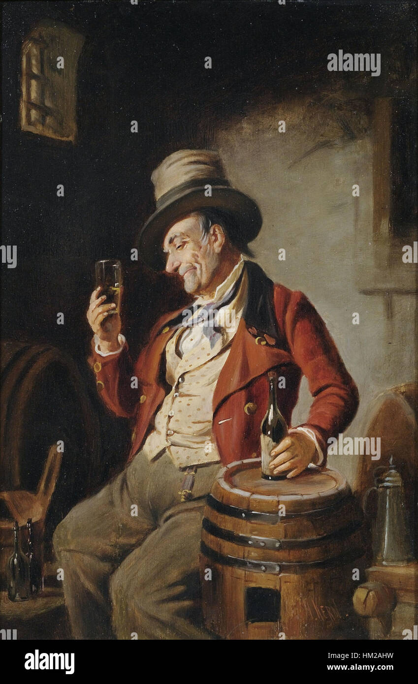 Questo dipinto ad olio di Hermann Armin Kern raffigura un bevitore di vino in una cantina a botte, catturando l'atmosfera della vinificazione tradizionale in un vecchio ambiente europeo. Foto Stock