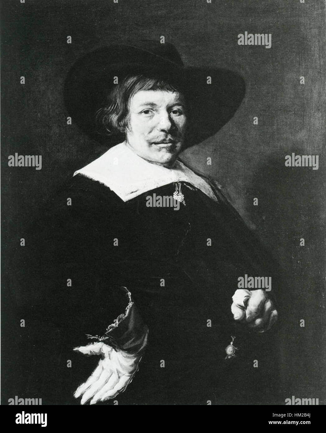 Il ritratto di Jan Hals di un uomo in una camicia con colletto con nappina e un cappello floppy è un esempio impressionante di ritrattistica olandese dei primi anni del XVII secolo. Conosciuto per i suoi ritratti dettagliati ed espressivi, Hals cattura il soggetto con una posa vivace e dinamica che riflette l'abilità dell'artista e lo status sociale del soggetto durante il periodo. Foto Stock