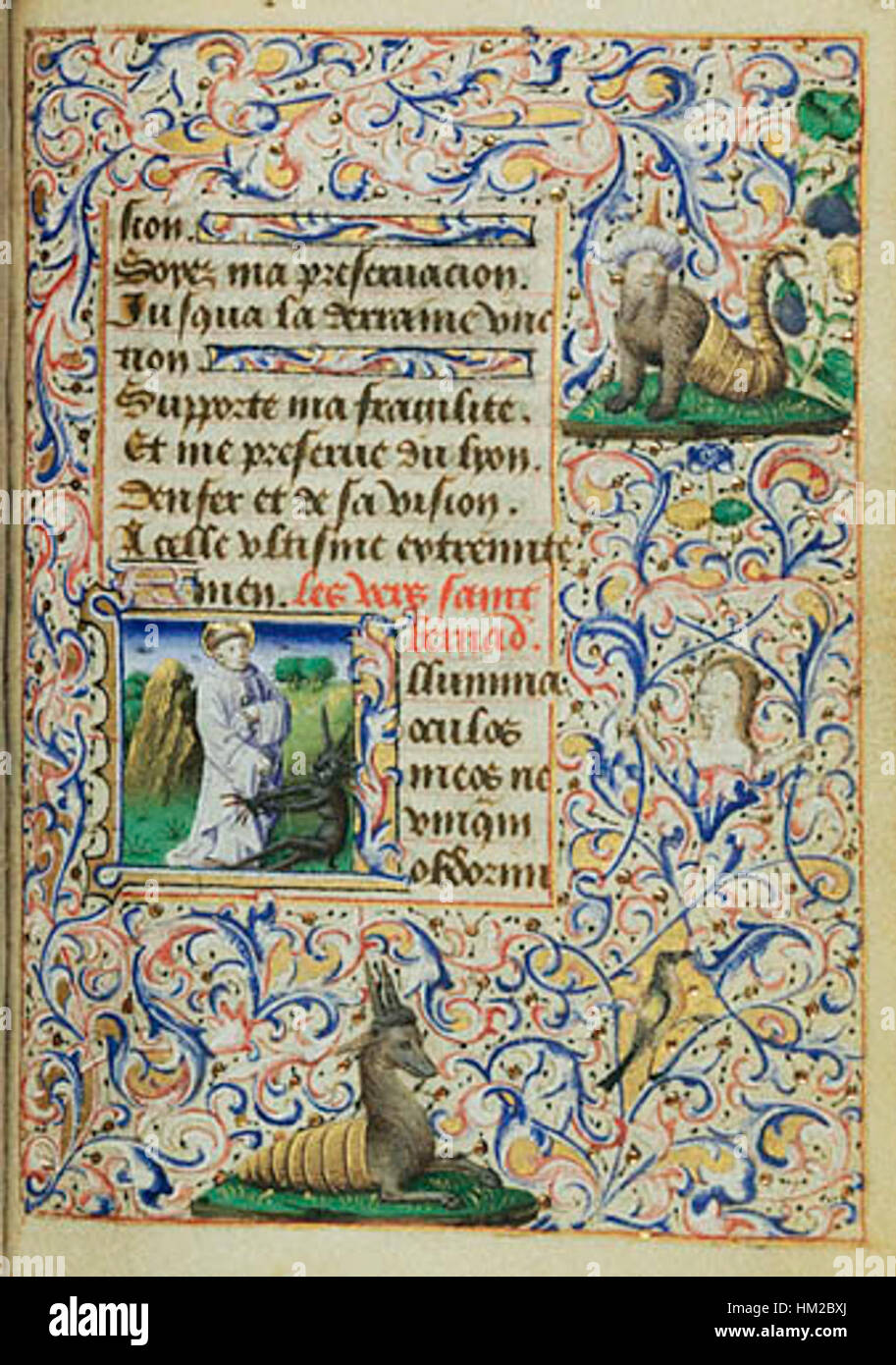 La "i iniziale" del manoscritto "Heures de Varie", ospitata nel Getty Center, presenta una lettera "i" illuminata in modo complesso. Questa opera rappresenta l'altezza dell'illuminazione medievale del manoscritto. Foto Stock