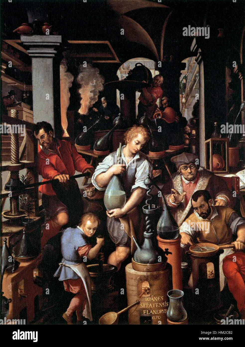 *An Alchemist's Laboratory* di Jan van der Straet è un dipinto ad olio del XVI secolo che raffigura un alchimista al lavoro nel suo laboratorio. Il dipinto cattura l'ambiente dettagliato della sperimentazione scientifica durante il periodo rinascimentale. Foto Stock