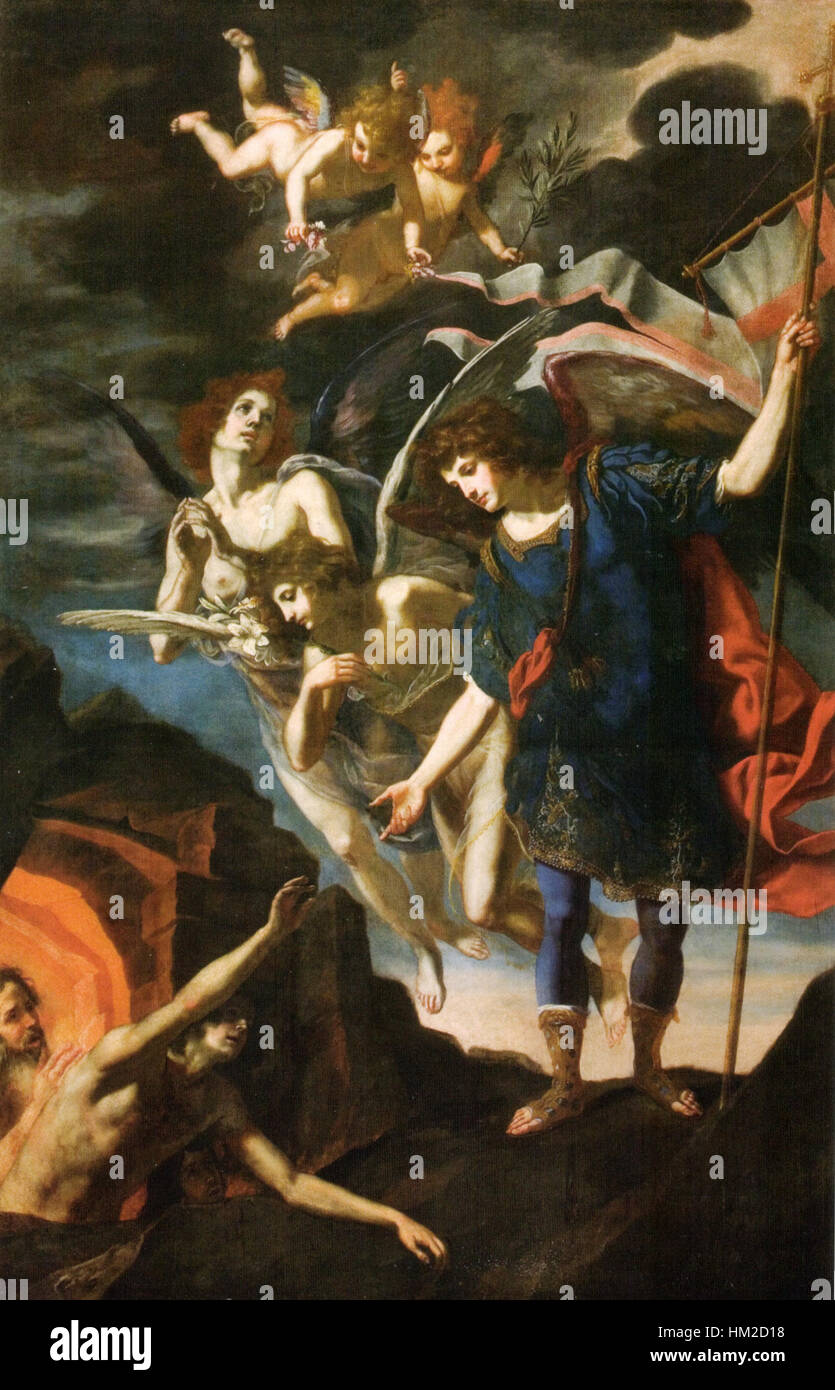 Questo dipinto di Jacopo Vignali raffigura San Michele Arcangelo che libera le anime dal purgatorio. Mette in risalto l'intensità emotiva e i temi religiosi dell'arte barocca. Foto Stock