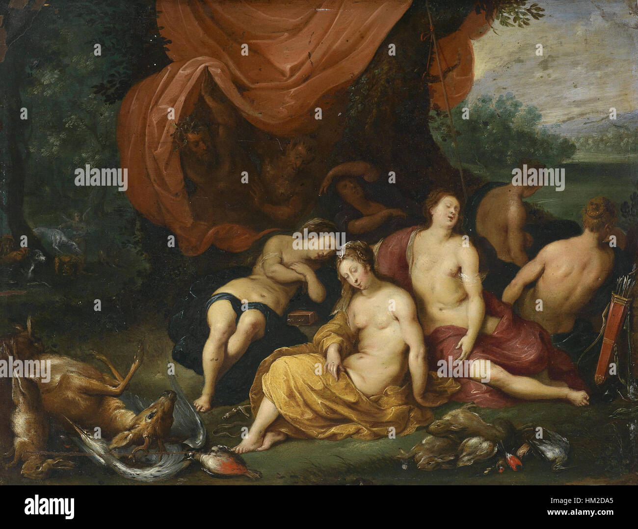 Diana en haar nimfen na de jacht (Diana e le sue ninfe dopo la caccia) è un lavoro collaborativo di Jan Breughel il giovane e Hendrick van Balen. Il dipinto raffigura la dea Diana e le sue ninfe in un sereno momento post-caccia, mostrando la loro bellezza e grazia nello stile barocco fiammingo. Foto Stock