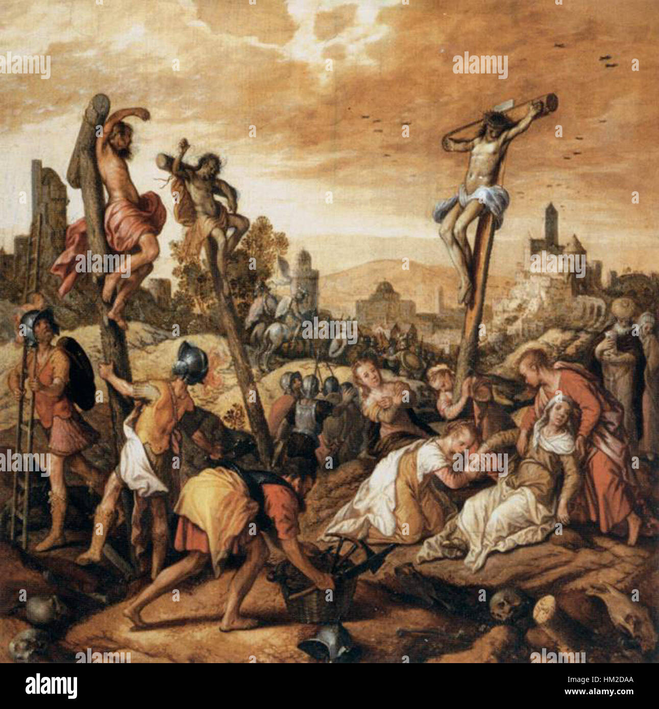 Questo dipinto di Joachim Beuckelaer, intitolato "Cristo sulla Croce", ritrae una rappresentazione drammatica della crocifissione. L'uso sapiente di Beuckelaer della luce e della consistenza enfatizza l'intensità emotiva della scena biblica. Foto Stock