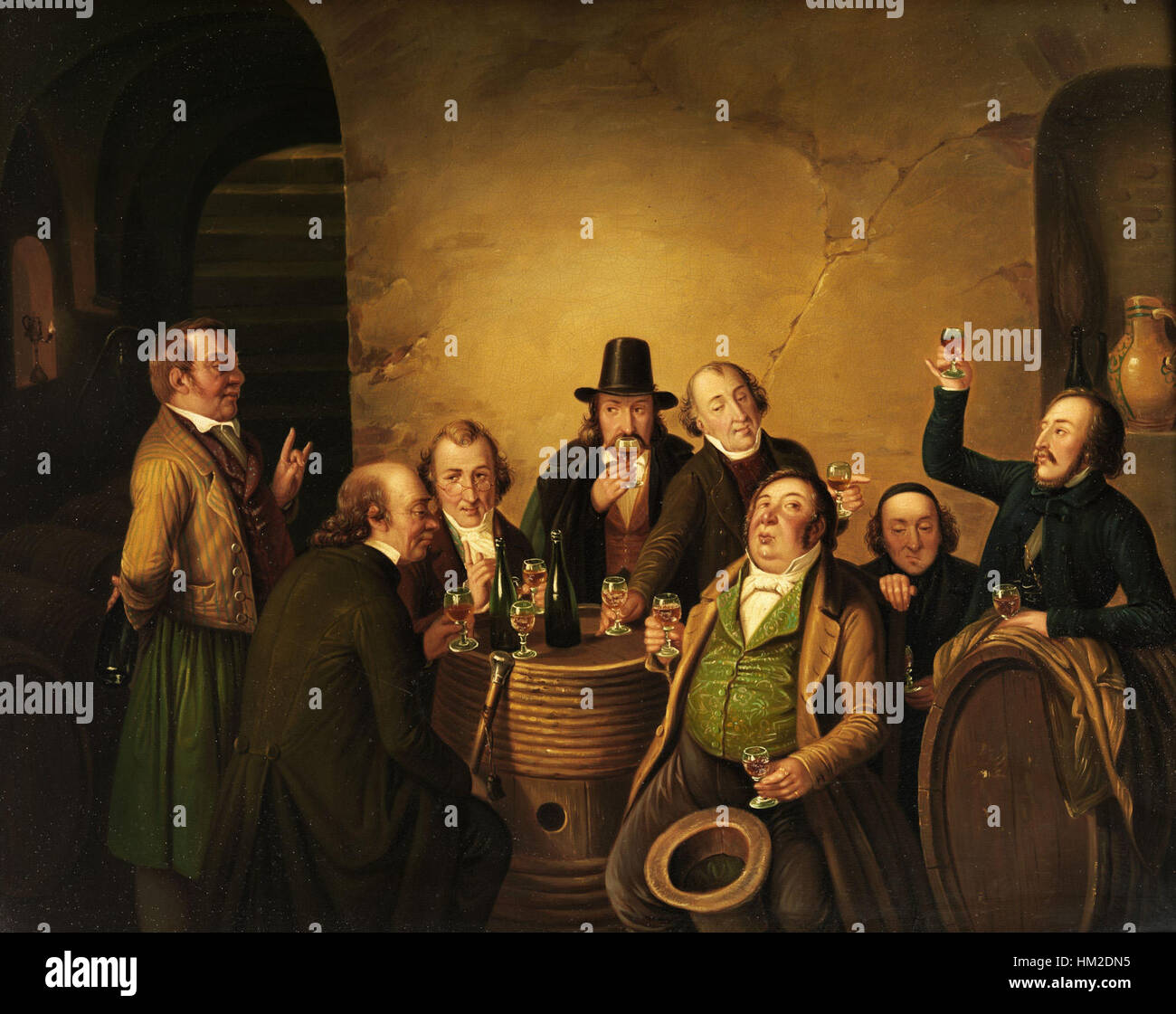 "Die Weinprobe" di Johann Peter Hasenclever è un affascinante dipinto ad olio del XIX secolo che raffigura una vivace scena di un evento di degustazione di vini. Il dipinto mostra l'abilità di Hasenclever nel catturare le riunioni sociali, utilizzando colori ricchi e dettagli intricati per trasmettere l'atmosfera del tempo. Foto Stock