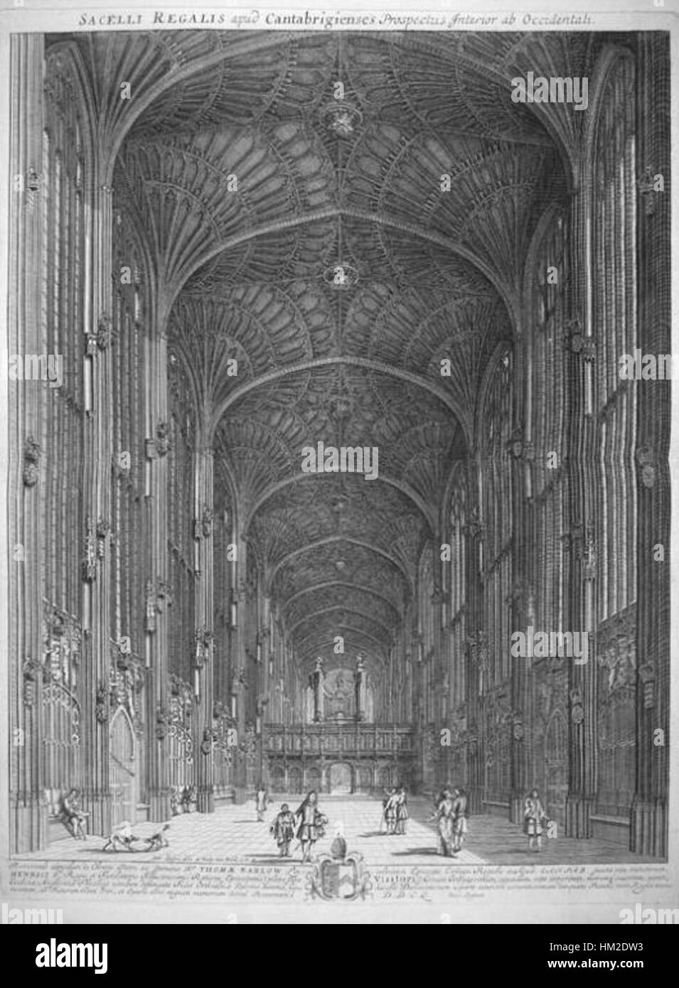 Questa incisione, creata da Loggan nel 1690, raffigura l'interno della cappella del King's College presso l'Università di Cambridge. Mette in risalto il grandioso design architettonico e lo stile gotico della cappella, rinomato per le sue intricate vetrate colorate e le proporzioni impressionanti. Foto Stock