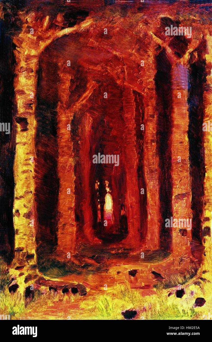 Lo studio di Kuindzhi del 1878, "tramonto in una foresta", descrive la serena bellezza della natura, concentrandosi sull'interazione di luce e ombra all'interno del paesaggio della foresta. Foto Stock