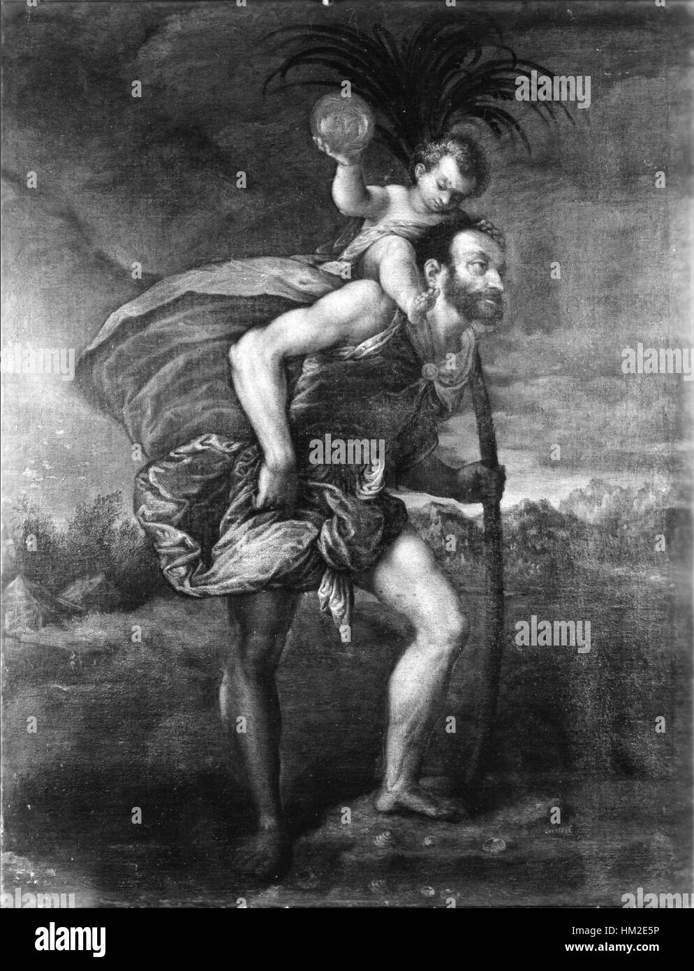 "San Cristoforo" di Leandro Bassano ritrae il santo che trasporta il bambino Cristo attraverso un fiume. Il dipinto riflette la maestria dell'artista nella luce e nell'ombra, mostrando i temi spirituali e religiosi centrali nelle opere dell'artista. Foto Stock
