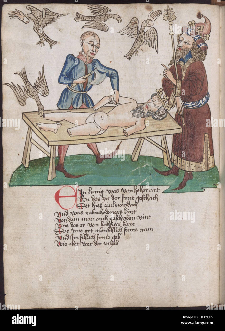 Questa opera, intitolata *Leichenzerstueckelung Schachzabelbuch*, rappresenta una rappresentazione storica della dissezione e dello studio anatomico attraverso l'arte medievale. Il lavoro esplora i primi metodi di studio del corpo umano, mostrando sia l'esplorazione artistica che scientifica dell'anatomia. Foto Stock