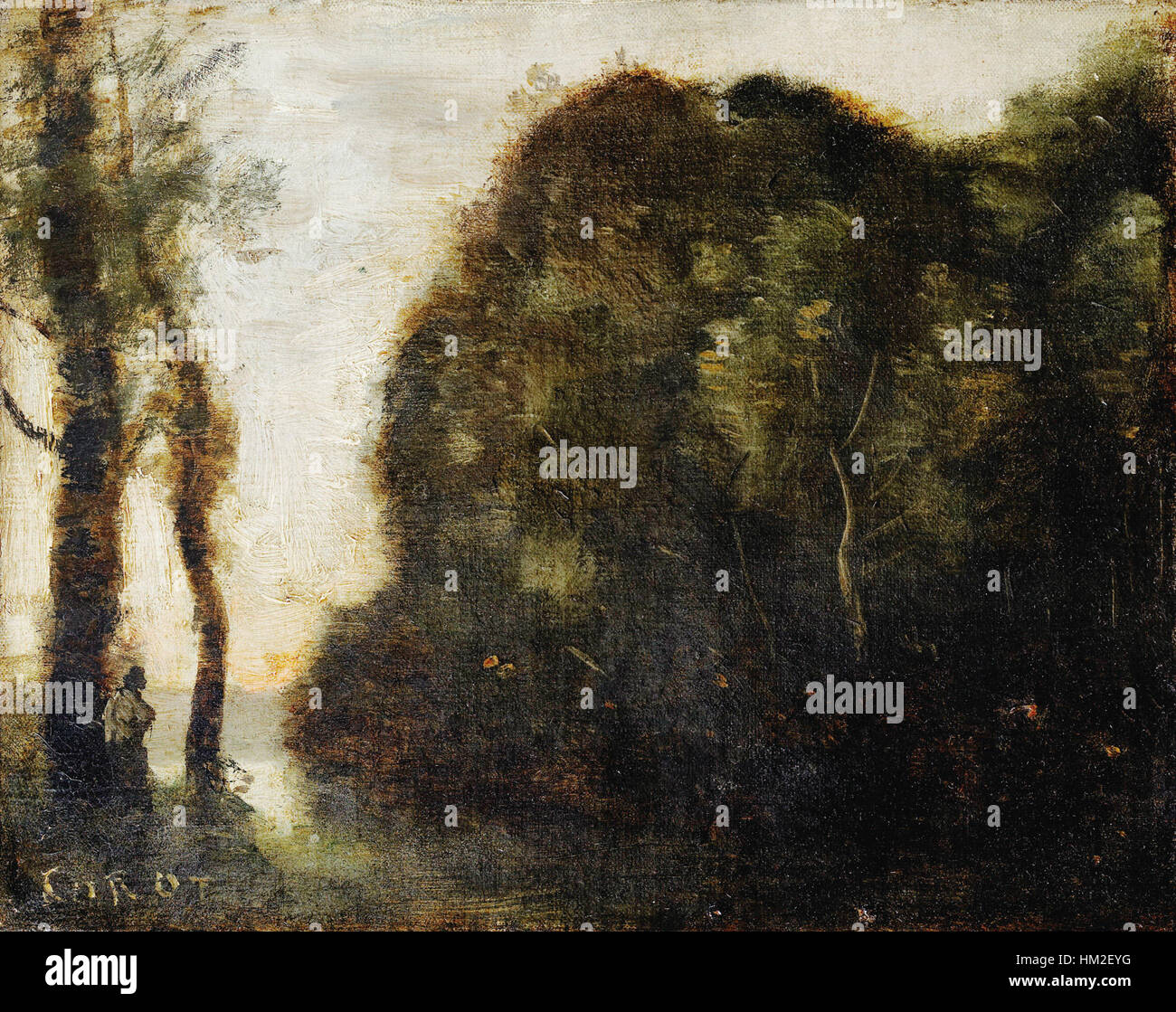 Questo paesaggio dipinto da Jean-Baptiste-Camille Corot cattura la serena bellezza di una foresta al tramonto. L'uso delicato della luce e dell'ombra evidenzia l'effetto atmosferico del sole che tramonta sugli alberi, mostrando la maestria di Corot nei paesaggi naturali. Foto Stock